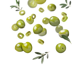 Fresh olives and leaves falling on white background