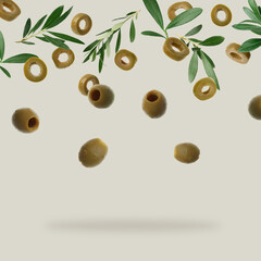 Fresh olives and leaves falling on light grey background