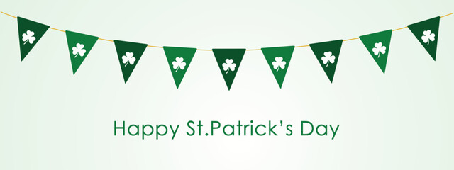 happy st. patrick s day, panoramic vector card, green pennants with shamrock symbol