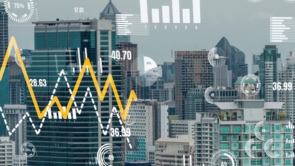 Business data analytic interface fly over smart city showing alteration future of business intelligence. Computer software and artificial intelligence are used to analyze big data for strategic plan .