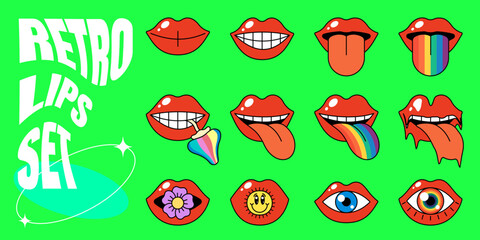 Retro open mouth with red sensual lips set. Psychedelic hippie style tongue sticking out with rainbow, flower and mushroom. Vintage hippy style crazy various mimic emotion and facial expressions. Eps