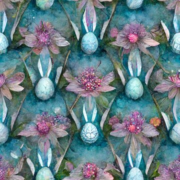 Eostre mandala repeating pattern with intricate details liquid watercolorchrome texture flowers eggs greenery butterfly and caterpillar life cycle hares Goddess of Spring very peri Alaskan Blue pink 