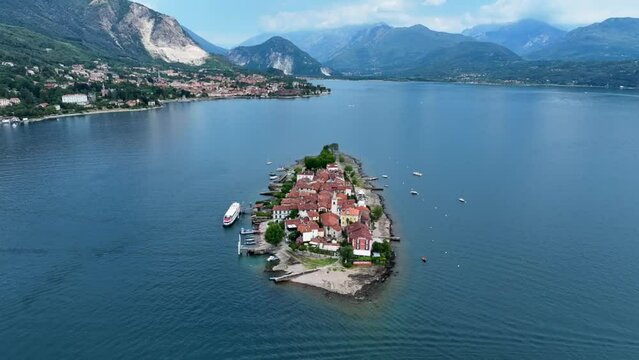 Aerial view of Isola Superiore, or Isola dei Pescatori or Island of the Fishermen in Borromean islands archipelago in Lake Maggiore, Italy