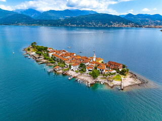 Aerial view of Isola Superiore, or Isola dei Pescatori or Island of the Fishermen in Borromean islands archipelago in Lake Maggiore, Italy