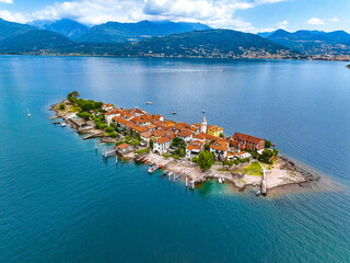 Aerial view of Isola Superiore, or Isola dei Pescatori or Island of the Fishermen in Borromean...