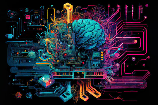 Coloful collage with quantum computer circuitry and a brain like organ.  Generative AI.