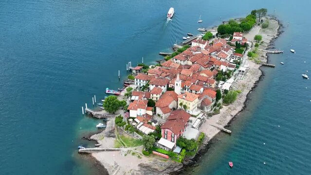 Aerial view of Isola Superiore, or Isola dei Pescatori or Island of the Fishermen in Borromean islands archipelago in Lake Maggiore, Italy