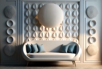 white 3D panel wall background with a relaxation area in the foreground, featuring comfortable seating and calming lighting (AI Generated)