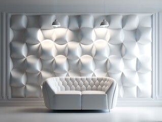 white 3D panel wall background with a relaxation area in the foreground, featuring comfortable seating and calming lighting (AI Generated)