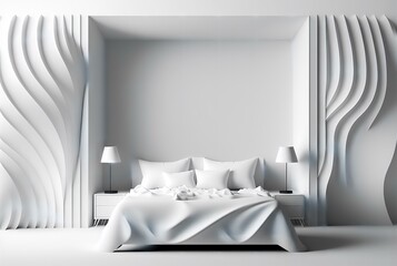 white 3D panel wall background with a bed and bedding in the foreground, showcasing a modern and luxurious bedroom design