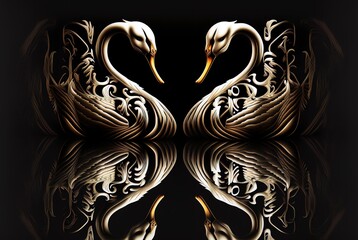 stylised golden swan silhouettes on a black background with the swan's reflection in the water, creating a sense of symmetry and balance (AI Generated)