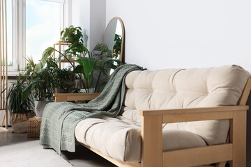 Stylish living room interior with comfortable sofa and beautiful houseplants