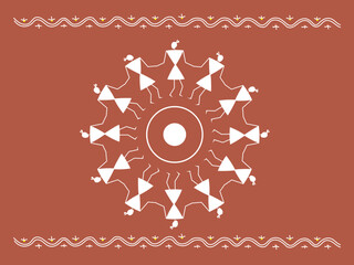 Traditional Indian ornament. People dancing round dance. Sora art of idittals or warli painting.