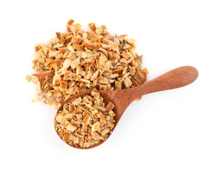 Spoon with dried orange zest seasoning isolated on white, top view
