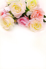 Obraz na płótnie Canvas Bouquet of pink coral white roses, home decor or Wedding floral arrangement, fineart flowers decor. Copy space