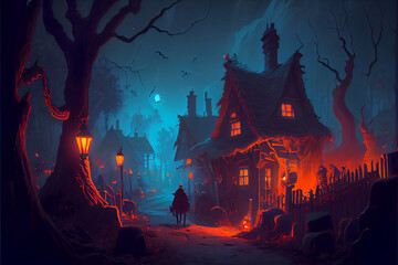 Fototapeta na wymiar Halloween in the dark night of an ancient town. Generative AI