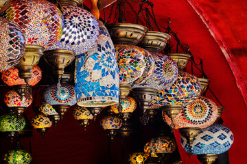 Fototapeta premium Souvenirwood shop with beautiful lamps near the Galata Tower in Istanbul