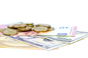 Money isolted on a white background.Euro and dollar banknotes. Copy space.