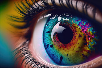 Close up view of female eye with multicolored eyeball and colorful makeup powder. Peculiar AI generative image. - obrazy, fototapety, plakaty