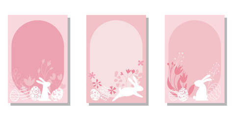 Set of Happy easter frames. Spring leaves, flowers, egg and bunnies decoration template collection. Easter illustration templates for cover, background and leaflet design. Vector illustration.
