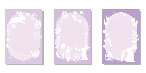Set of Happy easter frames. Spring leaves, flowers, egg and bunnies decoration template collection. Easter illustration templates for cover, background and leaflet design. Vector illustration.