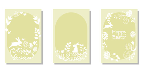 Set of Happy easter frames. Spring leaves, flowers, egg and bunnies decoration template collection. Easter illustration templates for cover, background and leaflet design. Vector illustration.