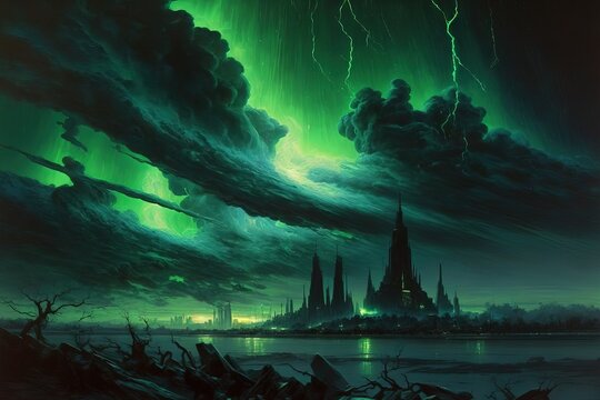 illustration num&eacute;rique de fantaisie, ville gothique mena&ccedil;ante et un ciel vert d'orage