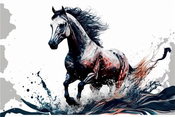 Naklejka na ściany i meble illustration numérique de cheval coloré sur fond blanc avec tâches de peinture colorée