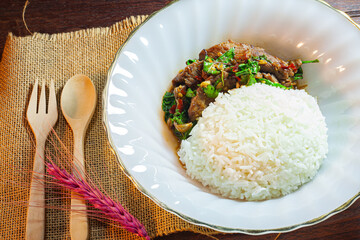 Stir Fried Basil with Beef on Rice.