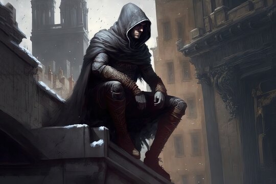 illustration numérique de fantasy, assassin en capuche assis sur un toit de ville médiévale