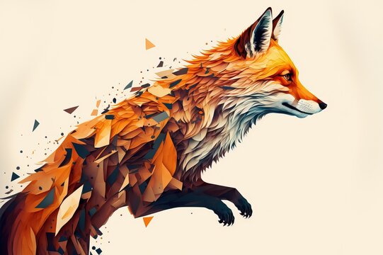 portrait de renard, illustration de peinture aquarelle d&eacute;structur&eacute;e et polygones graphiques