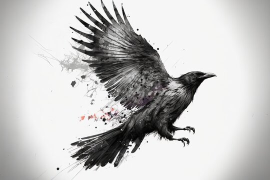illustration &agrave; l'encre et aquarelle d'un corbeau qui s'envole sur fond blanc