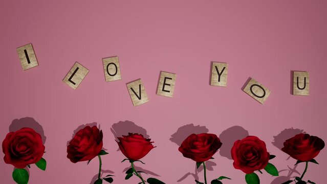 i love you text animated video droping box cubes valentines day celebrate holiday romantic roses backgorund