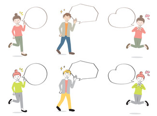 ふきだしとカジュアル姿の若い男女　嬉しい　喜ぶ　全身