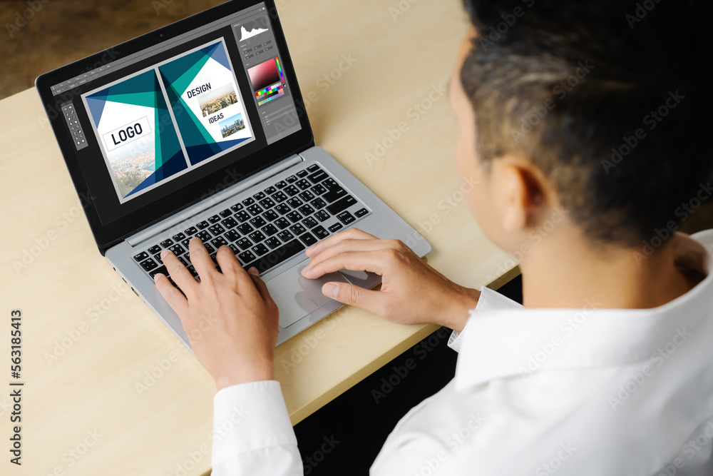 Poster graphic designer software for modern design of web page and commercial ads showing on the computer s