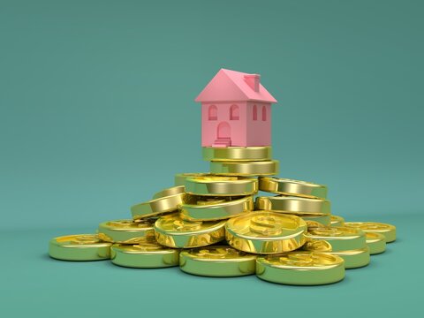 3d real estate house on pile of gold coin investment concept Business mortgages and financing loans Saving money and cash flow pattern. Home loan.