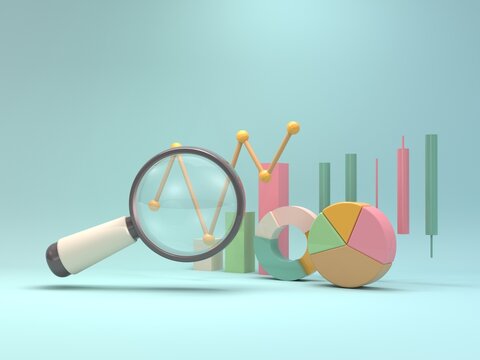 3d magnifying glass charts and graphs Business strategy concept, business financial data analysis, stock market trend analysis, business strategy concept