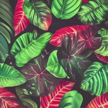 Dayglo Neon vibrant glowing tropical green leaf background. Flat lay, fresh wallpaper banner concept