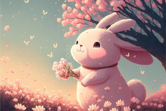super cute bunny and Cherry Blossoms Generative AI