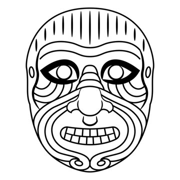Mask of Mesopotamian demon Humbaba. Wrinkled scary human face. Apotropaic clay head. Babylonian mythology. Black and white linear silhouette.