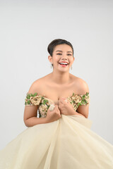 Young asian beautiful bride smiling with happy on white background