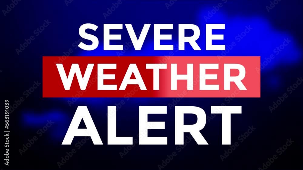Wall mural severe weather alert opening intro animation, blue template. white bold text and red ribbon animated