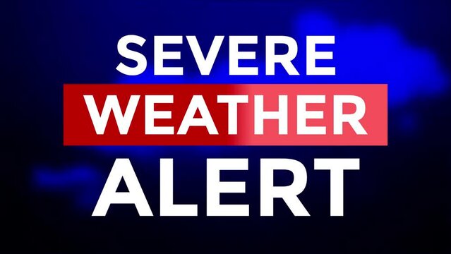 Severe Weather Alert Opening Intro Animation, Blue Template. White Bold Text And Red Ribbon Animated. Dark Thunderstorm, Rain And Lightning In Background. Heavy Black Clouds Moving With Storm Wind.
