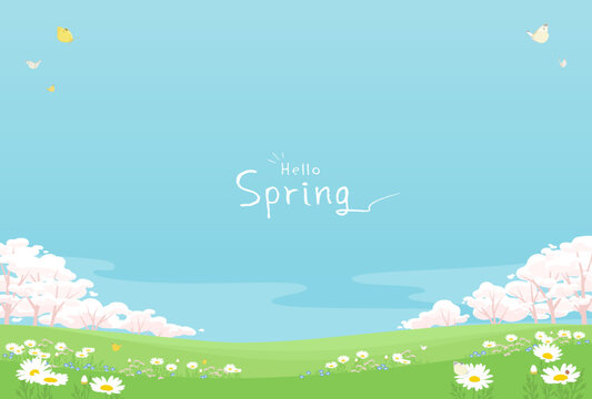 コピースペースがある春の背景イラスト　桜の木と青空　野原の花と蝶