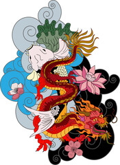 Japanese red dragon tattoo.Chinese Dragon with sakura flower on cloud and rising sun.colorful Chinese koi carp tattoo design.