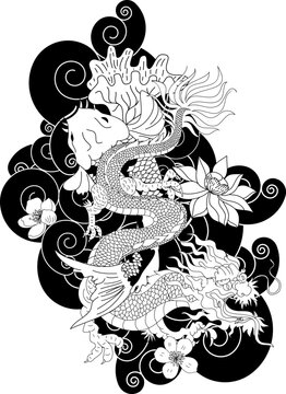 Japanese red dragon tattoo.Chinese Dragon with sakura flower on cloud and rising sun.colorful Chinese koi carp tattoo design.