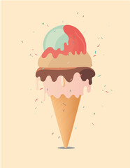 Ilustración en vectores editables de helado de cono con tres bolas y confeti