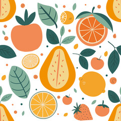 Patrón infinito en vectores editables de mezcla de frutas tropicales, pera, manzana, naranja, limón, fresa, cereza, para imprimir, papel tapiz, diseño