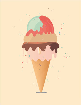 Ilustraci&oacute;n en vectores editables de helado de cono con tres bolas y confeti