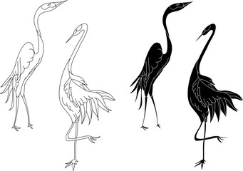 Crane and Japanese wave vector illustration for T-shirt.Traditional Chinese wave in circle.Beautiful line art of nature for printing on shirt.Asian art for doodle and painting on background.